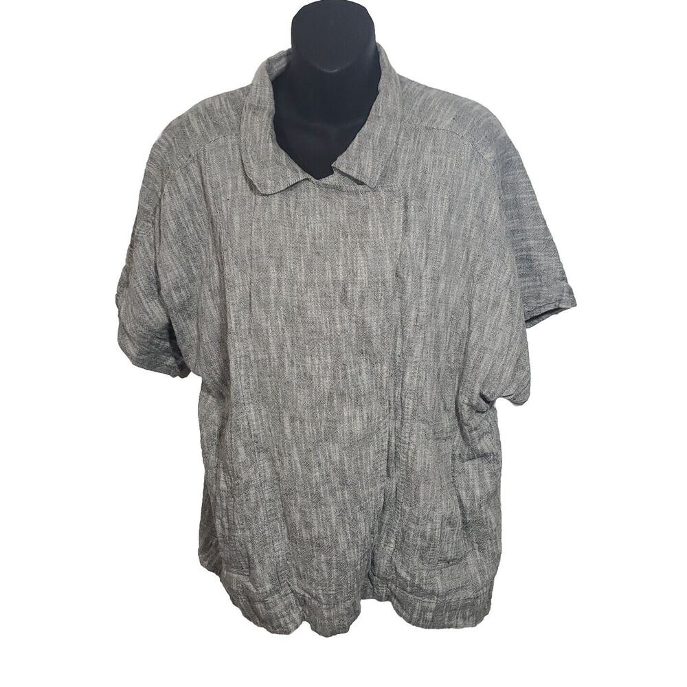 Eileen Fisher M Gauzy Linen Blend Short Dolman Sleeve Pockets Snap Closure Top
